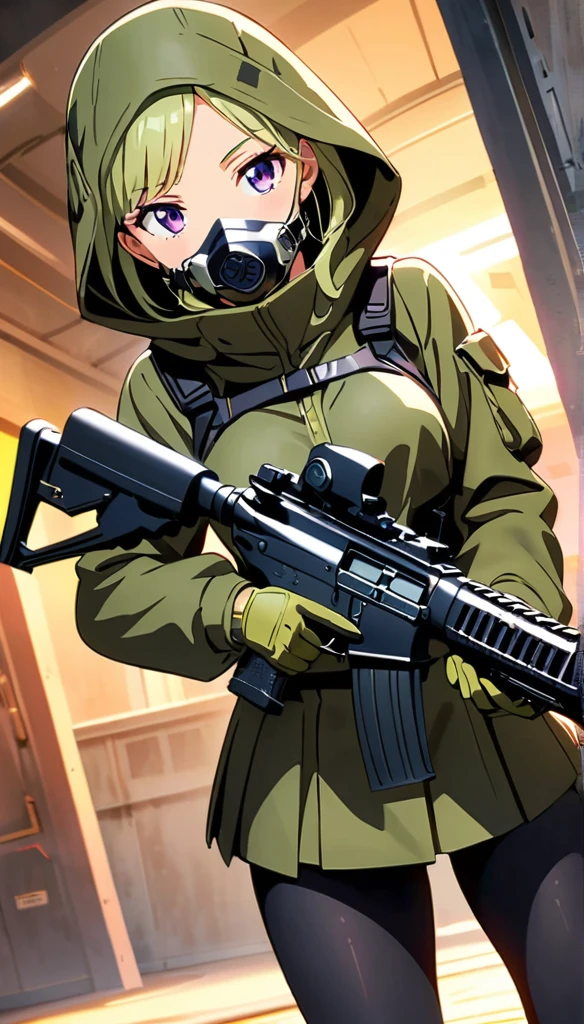 (anime artwork, anime style, studio anime, very detailed, up to date, vibrant, Anime Coloring, high contrast, masterpiece:1.2, best quality, best aesthetics),camouflage clothing,camouflage helmet, pleated skirt, Medium chest, A glimpse of thighs,random hair, One eye is hidden by the bangs, perfect proportions, high detail skin, Cute, detailed faces, random sexy pose, precise fingers,panty shot Girl shooting automatic rifle, (muzzle explodes:1.2), (looks into sight), finely drawn automatic rifle, bulletproof suit, (turn towards the viewer), syncs body orientation and gaze, dynamic angle, battle, war,