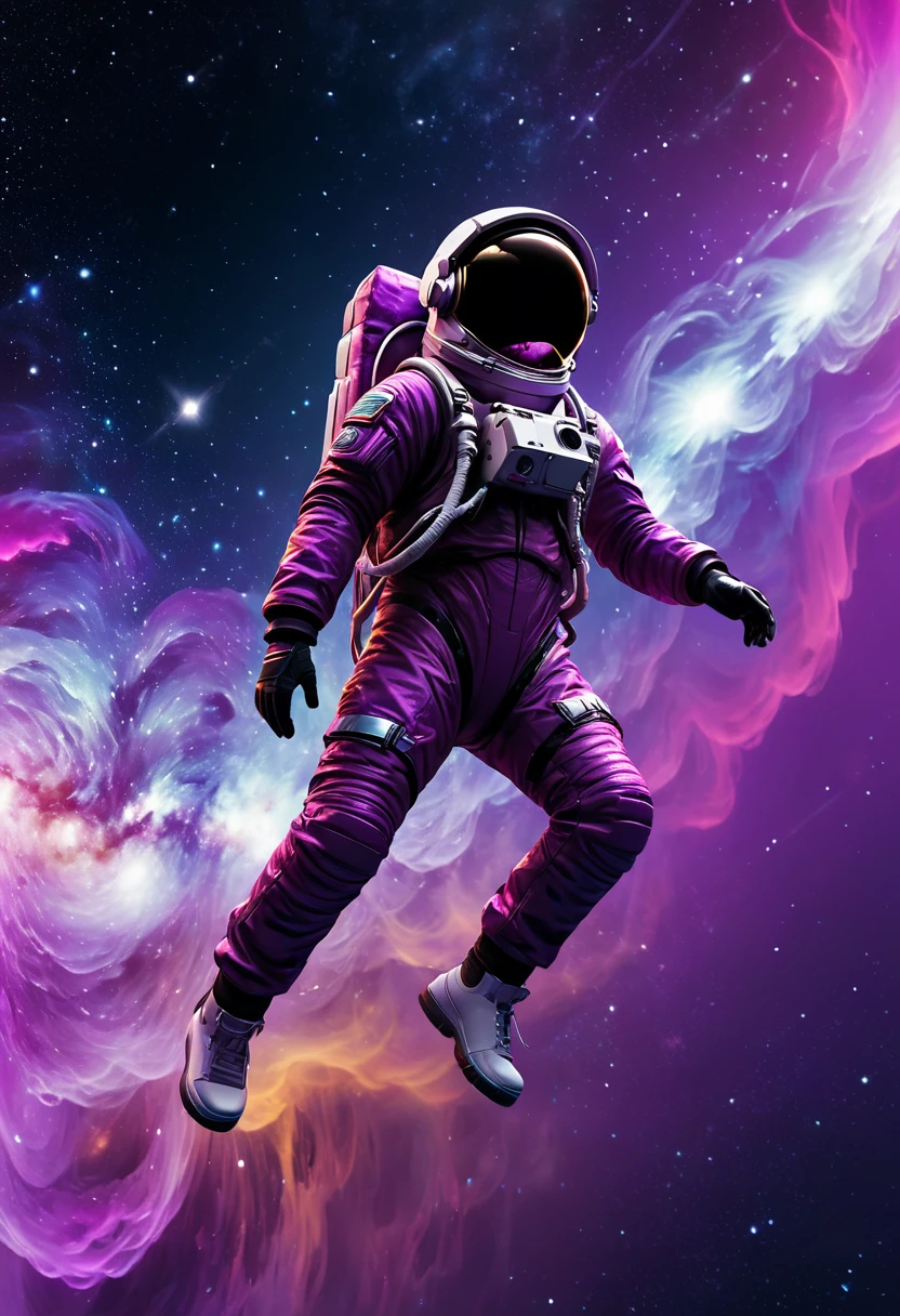 Neon astronaut, astronaut in a purple galaxy, astronaut with a jacket in a purple galaxy, astronaut with jacket floating, astronaut floating in space 4k leather jacket wallpaper, above all 