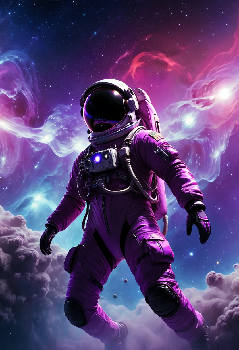 Neon astronaut, astronaut in a purple galaxy, astronaut with a jacket in a purple galaxy, astronaut with jacket floating, astronaut floating in space 4k leather jacket wallpaper, above all 