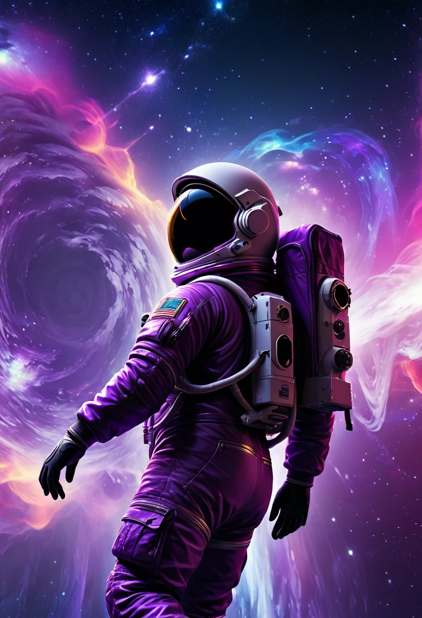 Neon astronaut, astronaut in a purple galaxy, astronaut with a jacket in a purple galaxy, astronaut with jacket floating, astronaut floating in space 4k leather jacket wallpaper, above all 