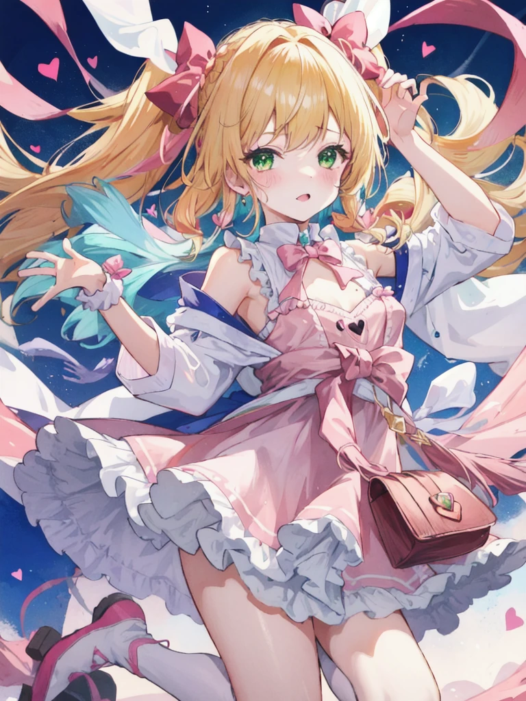 She has olive green eyes and long blonde hair that is braided over her shoulders., Tied with a little ribbon and a heart, Pale pink scrunchie, Red Clip. Her hair color is lighter、It stretched very long, Worn in pigtails tied with a deep pink ribbon with a red heart. she金のハートのイヤリングを手に入れた. she、With white ruffle trim、She is wearing a pale pink ruffled dress with a pink lined band down the center。. A white ribbon with a ruby heart on the chest, A yellow ribbon is tied around her waist、Fastened with a small heart、A wallet is hanging from it. Her shoes are pale pink.、The soles are pink、It comes with white ruffled leg warmers that match the sleeves.。, Adorned with a pink ribbon and a ruby heart.