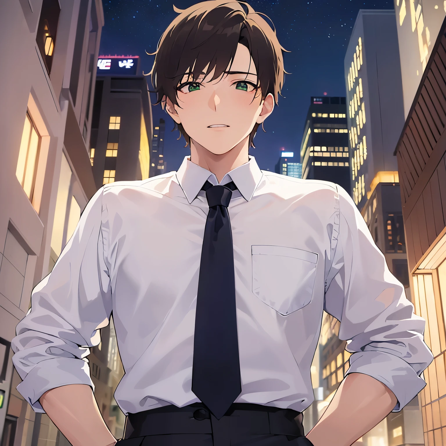 Shooting from below、upper body、masterpiece、Highest quality、(25-year-old male:1.5) and (Brown short hair) and (Green Eyes), (white collared shirt) and (Blue tie)、(confused:1.3), (blush:1.2), The background is a shopping street at night、(Alone:1.5)、Upper body is shown、Are standing