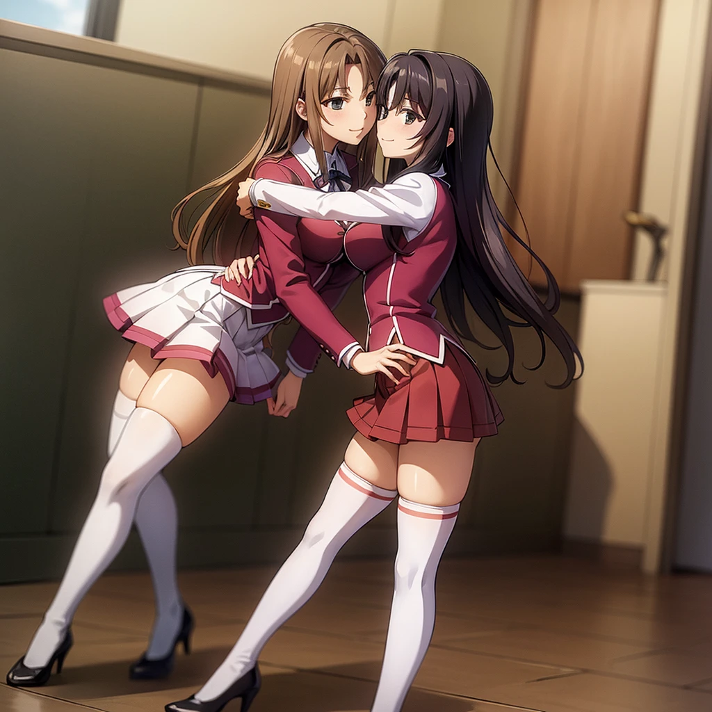 Masterpiece, high quality, 2girls, duo, identical twins, identical sisters, brown hair, curly hair, matching hairstyles, hazel eyes, medium sized bust, (school uniform, sexy school uniform, blazer, lace section, ribbon, rainbow short skirt, white thigh-high socks, black high heels, matching outfits), smile, flat_colour, full body, seductive pose, Duo pose: From the side angle, people's body curves are beautiful.
hugged from the side elizabethmably