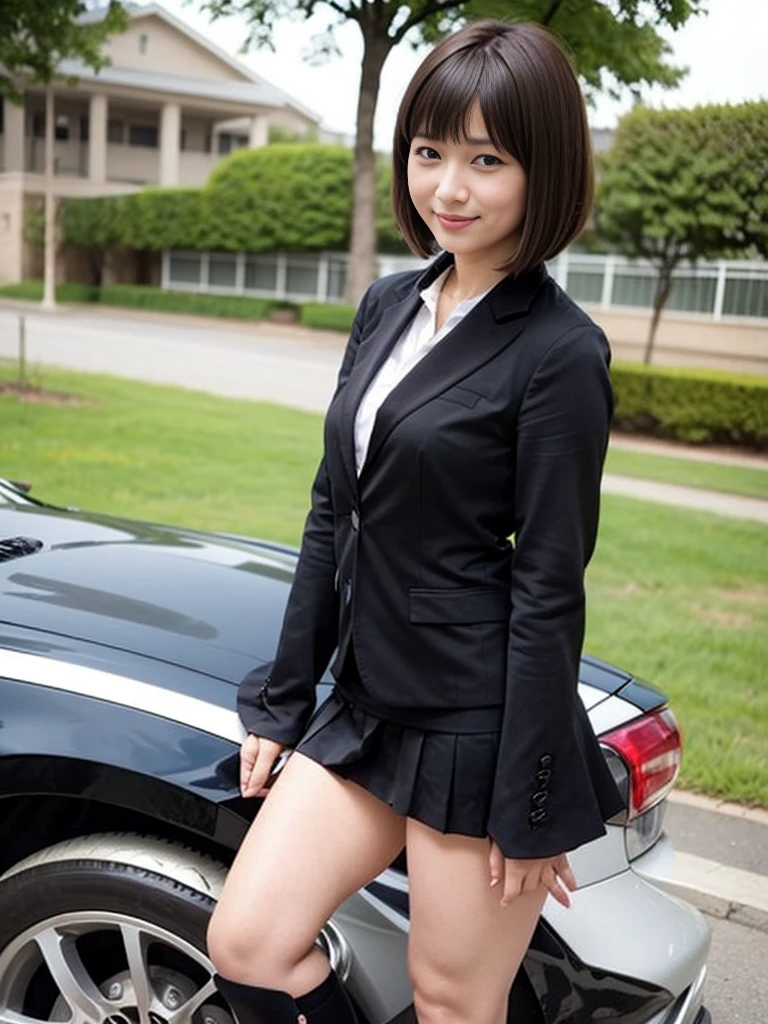 (masterpiece:1.2、Highest quality)、(Real、Photorealistic:1.4)、Beautiful illustrations、(Natural Side Lighting、Film lighting)、Watching the viewer、Cowboy Shots、Front view、1 girl、Japanese、high school girl、Perfect Face、Cute and symmetrical face、Shiny skin、(short hair:1.2、Bob Cut:1.2、Brown Hair)、Slicked bangs、Dark Brown Eyes、Long eyelashes、(Large Breasts:0.6、Captivating thighs)、Beautiful Hair、Beautiful Face、Beautiful and detailed eyes、Beautiful clavicle、Beautiful body、Beautiful breasts、Beautiful thighs、Beautiful legs、Beautiful fingers、(((Black blazer、Tight Blazer)、White collared shirt with long sleeves、Black pleated skirt、Black socks))、(Beautiful Landscape)、evening、street、Are standing、(Adorable smile、Looking up)、