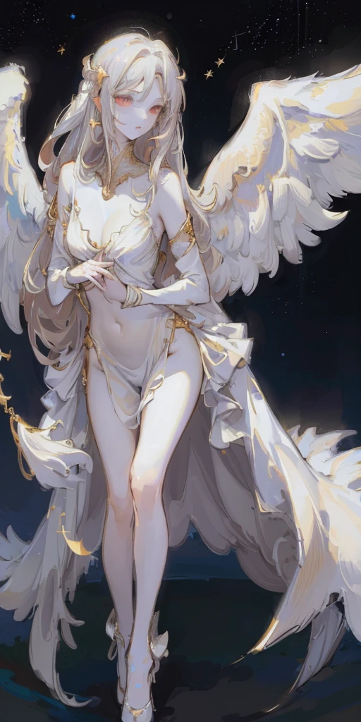 Designed by nty, 1 girl, (((8K, RAW photos, best quality, masterpiece: 1.4))), (((angelic woman))), ultra high resolution, Super detailed, light, Close-up cleavage, beautiful girl, red eyes, (delicate eyes, eyes are very bright:1.2), gray medium length hair, angelic, Pale complexion, Ear piercing, White clothes, Meticulous clothes, gold accessories on clothes, (perfect anatomy:1.2), High quality shadows, natural lighting, (White highlights:1.2), night, cloudy day, (angel wings:1.2), (starry sky:1.2)