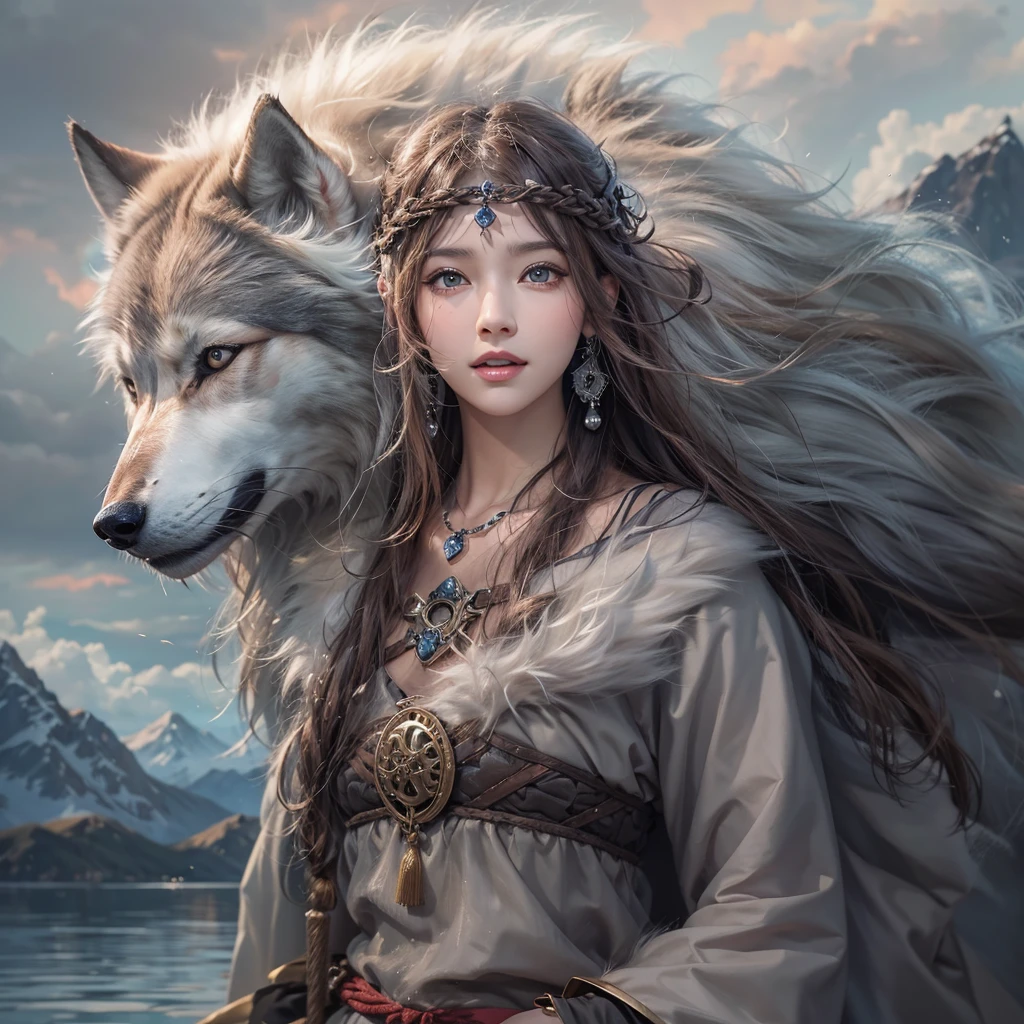 Lakeside surrounded by snowy mountains、Hair flow、 ((Highest quality、masterpiece、8K、Best image quality、Ultra-high resolution、Award-winning works)、(Accurate anatomy:1.1)、(Look at me and smile:1.1)、Shining fair skin with Ultra-high resolution、The most detailed face、Ultra-high resolution detailed face、Ultra-high resolutionの髪の毛、(Ultra-high resolutionの煌めく瞳:1.1)、Beautiful face drawn in every detail、Ancient Viking clothing, Chest to chest, tattoo, A real wolf is by your side