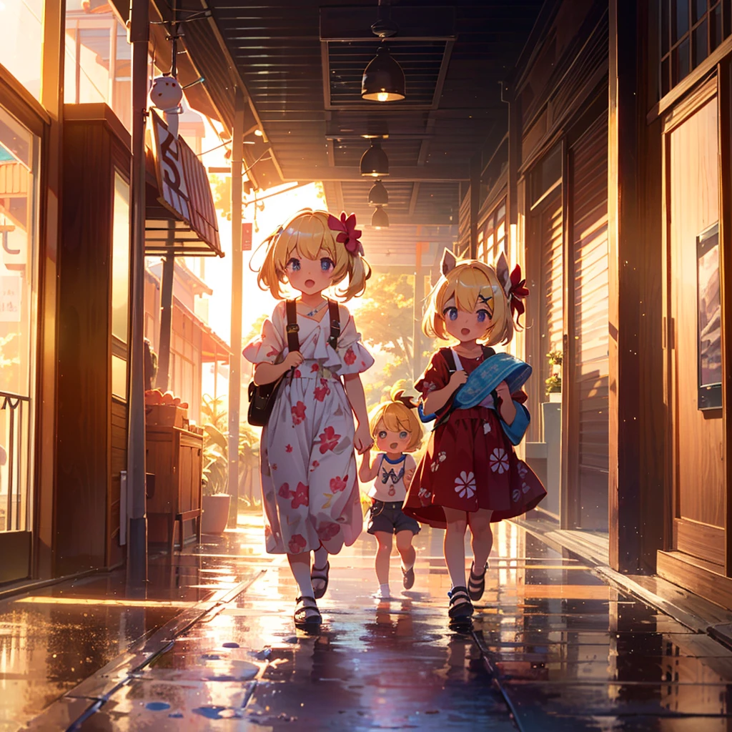 High quality background, bright and beautiful atmosphere, three girls (2 years old, (one with a short temper and round face), (one child)) (hair, surface effect, color effect), small breasts, blonde hair, Hawaiian resort area, in front of a fashionable Hawaiian store, a girl wearing Hawaiian clothes, very showy hairstyle, wiping her forehead looking hot, a mini pig walking sadly behind, a tropical mini pig having fun, "deltamon_sdXL: 0.73)>Deltamon makes an instant decision.