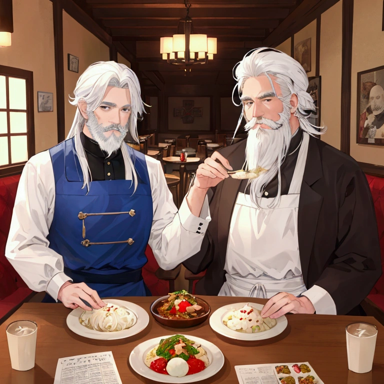 middle-aged white-haired man、Short white beard、Center Parting、Eat food at a restaurant、Medieval European style