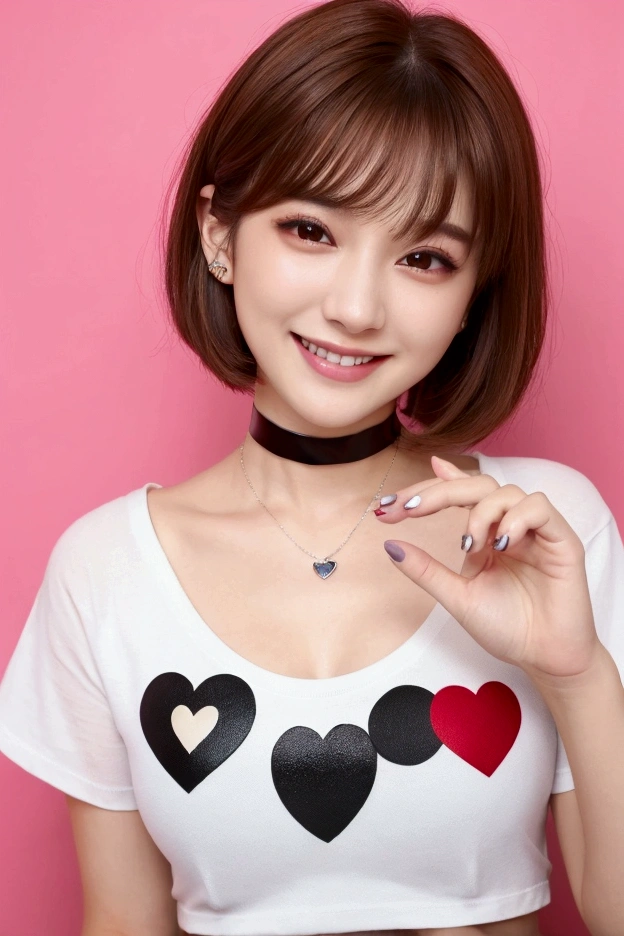 high quality, beautiful, FHD, , happy, cheerful, smiling, wink, making a heart with fingers, looking back, bob, blunt cut, shiny hair, brown hair, brown eyes, fair skin, , slim, beautiful breasts, t-shirt, cap, choker, delicate facial features, japanese idol, cute face, 20-year-old