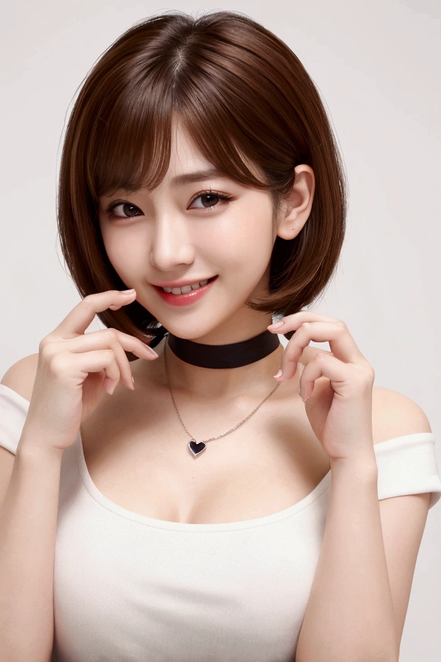 high quality, beautiful, FHD, , happy, cheerful, smiling, wink, making a heart with fingers, looking back, bob, blunt cut, shiny hair, brown hair, brown eyes, fair skin, , slim, beautiful breasts, t-shirt, cap, choker, delicate facial features, japanese idol, cute face, 20-year-old