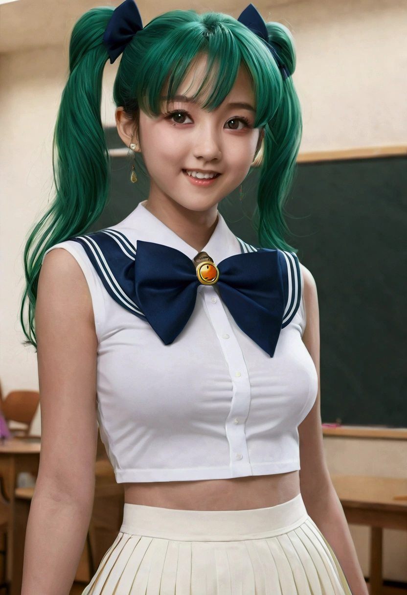 (masterpiece:1.2, highest quality), (realistic, photorealistic:1.4), beautiful illustrations, (natural side lighting, movie lighting), Depth of written boundary,
looking at the viewer, (face focus, Upper body), Front view,fullbody, 1 girl, English, high school girl, , perfect face, Cute symmetrical face, shiny skin,
(vertical roll hairstyle:1.7,Dark green hair), asymmetrical bangs, Big eyes, droopy eyes, long eyelashes chest), thin, (((15 years oldoob)))
beautiful hair, beautiful face, fine and beautiful eyes, beautiful clavicle, beautiful body, beautiful breasts, beautiful thighs, beautiful feet, beautiful fingers,
((fine fabric texture, Sailor Moon, Short sleeveless white shirt, White pleated skirt, Navy bow tie)),
(beautiful scenery), evening, (inside the classroom,in front of the blackboard), Are standing, (smile, Upper grade, open your mouth), (from below:1.5),(visibility is low:1.5), (((No panties, genitals visible))), (((15 years oldの女の子, underber hair color is dark green.)))