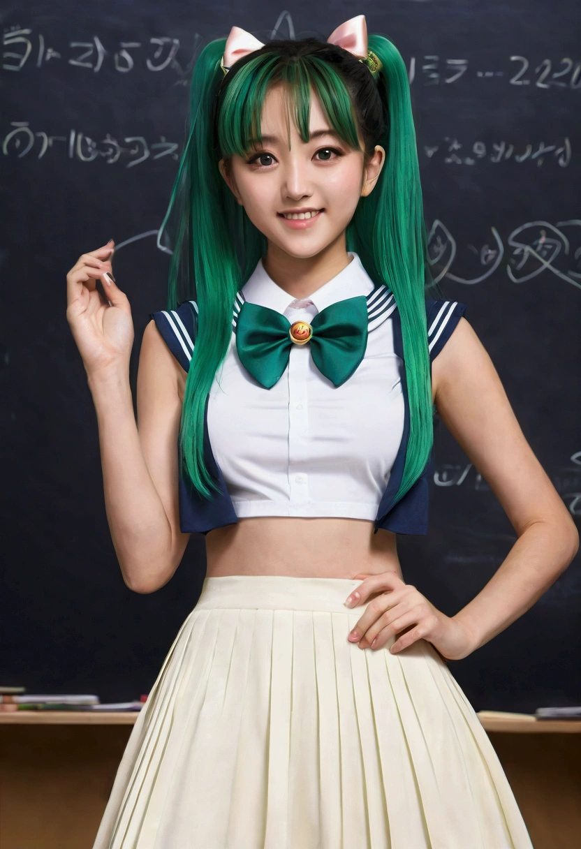 (masterpiece:1.2, highest quality), (realistic, photorealistic:1.4), beautiful illustrations, (natural side lighting, movie lighting), Depth of written boundary,
looking at the viewer, (face focus, Upper body), Front view,fullbody, 1 girl, English, high school girl, 15 years old, perfect face, Cute symmetrical face, shiny skin,
(vertical roll hairstyle:1.7,Dark green hair), asymmetrical bangs, Big eyes, droopy eyes, long eyelashes chest), thin, (((15 years oldの女の子, underboob)))
beautiful hair, beautiful face, fine and beautiful eyes, beautiful clavicle, beautiful body, beautiful breasts, beautiful thighs, beautiful feet, beautiful fingers,
((fine fabric texture, Sailor Moon, Short sleeveless white shirt, White pleated skirt, Navy bow tie)),
(beautiful scenery), evening, (inside the classroom,in front of the blackboard), Are standing, (smile, Upper grade, open your mouth), (from below:1.5),(visibility is low:1.5), (((No panties, genitals visible))), (((15 years oldの女の子, underboob))), (((Her hair color is dark green.)))