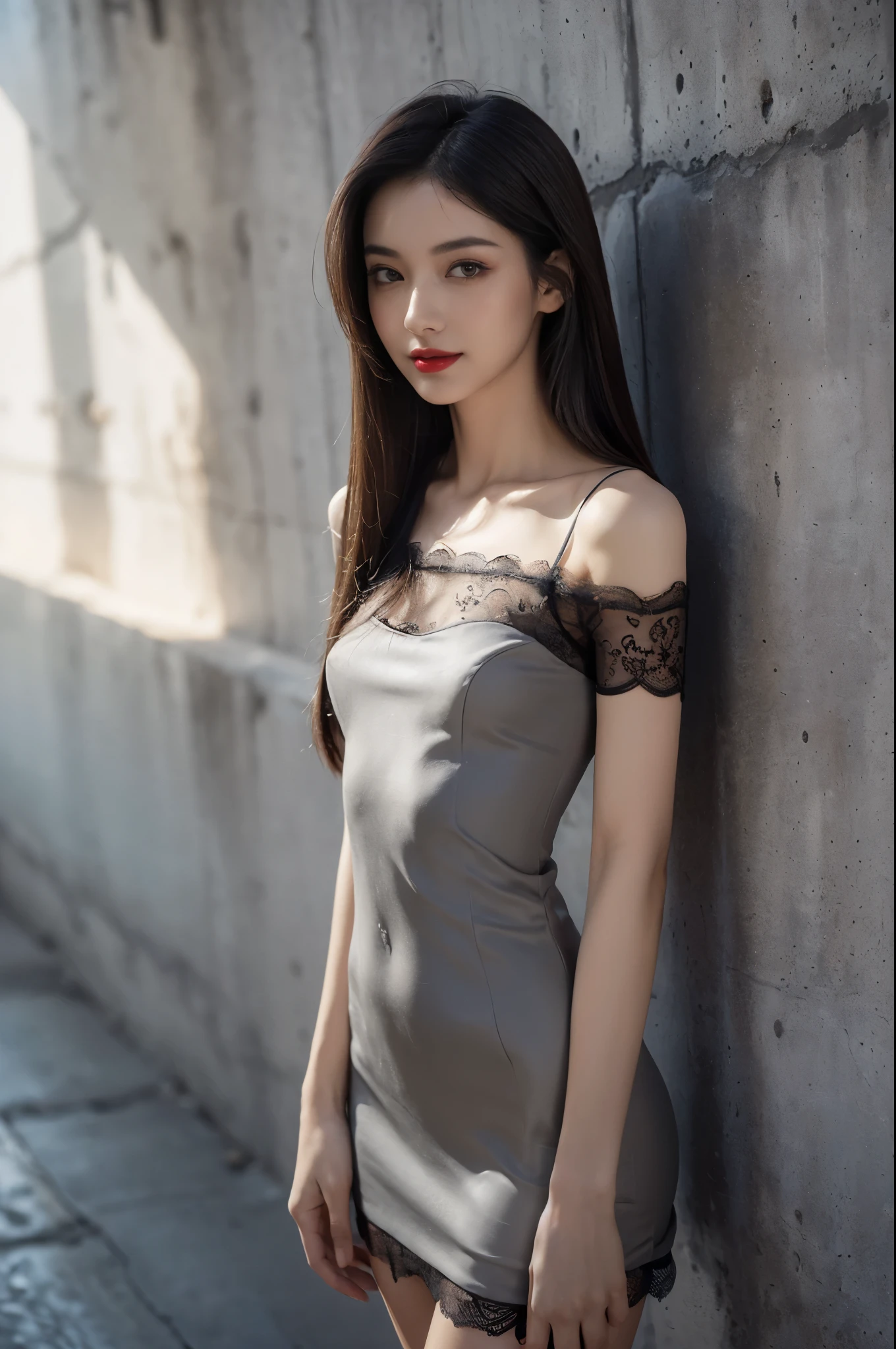 (((best quality))),(((ultra detailed))),(((masterpiece))),illustration,((1 beautiful girl,solo)),((slim,thin)),((small breasts,flat chest)),(shoulder length straight hair:1.2),summer afternoon,((unfinished concrete room,alluring,gray walls)),(short sleeves:1.2),(black lace dress:1.3),(slender legs:1.2),(seductive,elegant,full bosom,fair skin,golden strands,delicate features,deep brown eyes,mischief,mystery,enchanting smile,vibrant red lips,serene beauty,self-assuredness,industrial ambiance,raw cement walls,exposed pipes,sexuality,allure,refined beauty,compelling visual narrative,seductive gaze,elegant posture,industrial backdrop,lasting impression,((standing,from front,upper body))