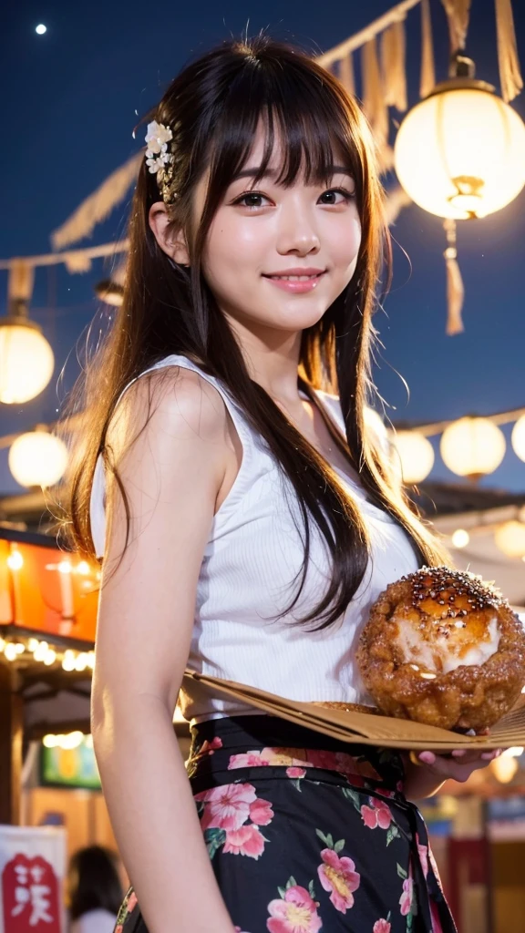 Beauty、Cute person、beautiful、Young face、Detailed face、Summer festival、Takoyaki、night、Holding a fan、smile、Lined with food stalls、Has bangs、whole body
