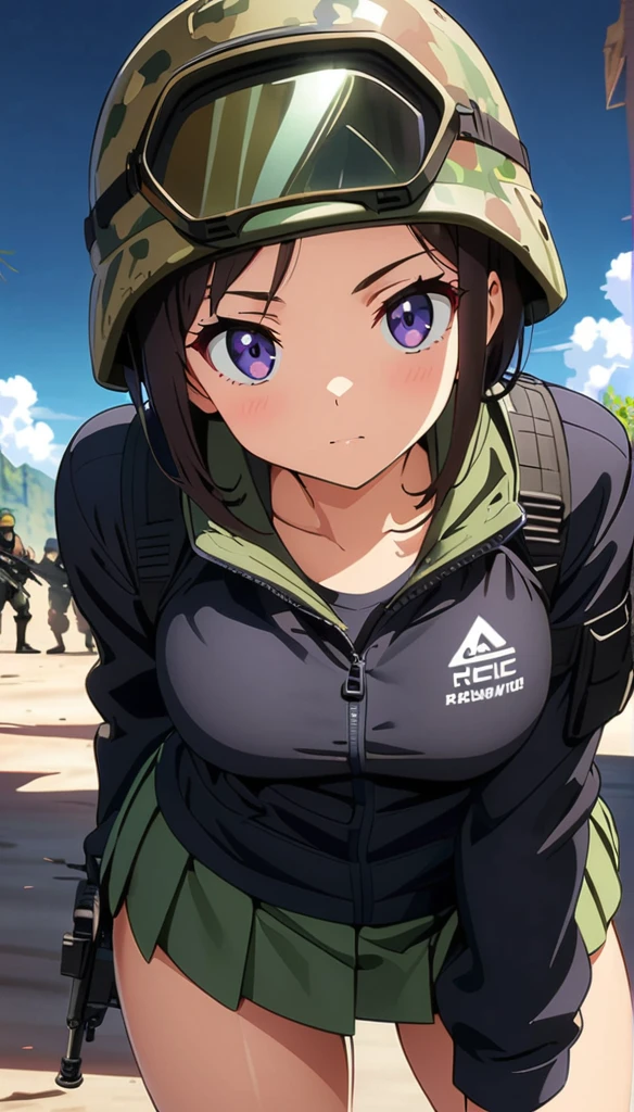 (anime artwork, anime style, studio anime, very detailed, up to date, vibrant, Anime Coloring, high contrast, masterpiece:1.2, best quality, best aesthetics),camouflage clothing,camouflage  helmet, pleated skirt, Medium chest, A glimpse of thighs,random hair, One eye is hidden by the bangs, perfect proportions, high detail skin, Cute, detailed faces, random sexy pose, precise fingers,panty shot Girl shooting automatic rifle, (muzzle explodes:1.2), (looks into sight), finely drawn automatic rifle, bulletproof suit, (turn towards the viewer), syncs body orientation and gaze, dynamic angle, battle, war,creeping forward