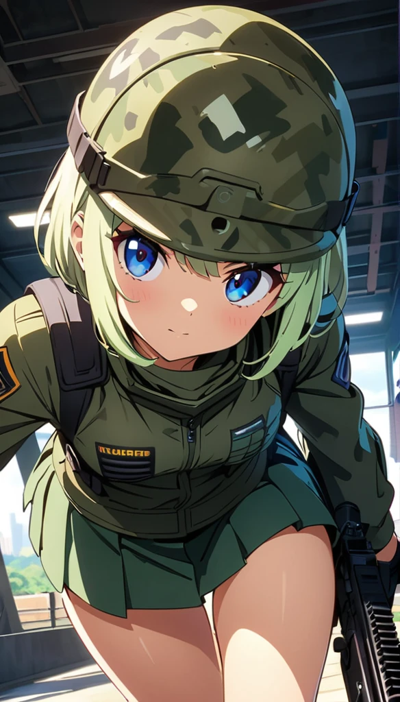 (anime artwork, anime style, studio anime, very detailed, up to date, vibrant, Anime Coloring, high contrast, masterpiece:1.2, best quality, best aesthetics),camouflage clothing,camouflage helmet, pleated skirt, Medium chest, A glimpse of thighs,random hair, One eye is hidden by the bangs, perfect proportions, high detail skin, Cute, detailed faces, random sexy pose, precise fingers,panty shot Girl shooting automatic rifle, (muzzle explodes:1.2), (looks into sight), finely drawn automatic rifle, bulletproof suit, (turn towards the viewer), syncs body orientation and gaze, dynamic angle, battle, war,creeping forward