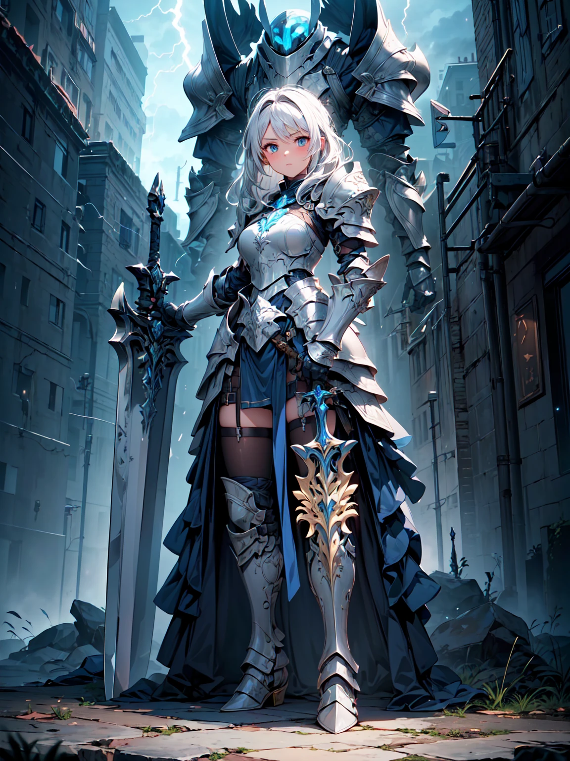 (((masterpiece, best quality, high detailed, 16k))) Design a layout showcase Gaming character, (1girl). Silver+Blue clothes, stylish and unique. ((showcase weapon:1.4)), lightning rod. (masterpiece:1.2), (best quality), 4k, ultra-detailed. (Step by step design, layout art:1.5), (luminous lighting, atmospheric lighting). storm mage, ((glove full hands)), (((revealing armor:1.3))), vambraces, armored legwear, (((full_body_shot:1.4))). {During a thunderstorm}.