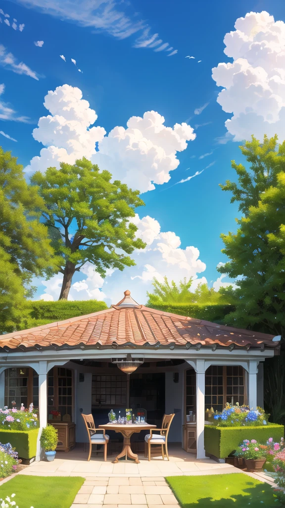 in the garden，There is a dining table.，There was a lot of food up there.，blue sky and white clouds，