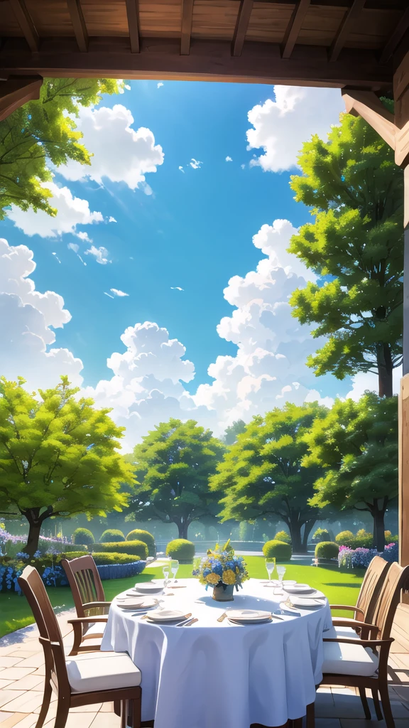 in the garden,There is a dining table.,There was a lot of food up there.,blue sky and white clouds,