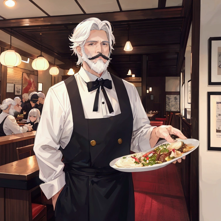 middle-aged white-haired man、Short white beard、Center Parting、Eat food at a restaurant