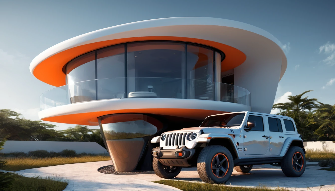 a futuristic house with an orange jeep wrangler parked in front of it, cgsocietywlop, beautiful curves, intricate devilish designs, qualia, interesting shapes & form, wow factor, bioluminescent, colorfull, glow, fluid, glowingelaborate polished, architectural rendering, miami, orange soft lighting in interior of house, futuristic battlefield, inspired by James E. Brewton, precise architectural rendering