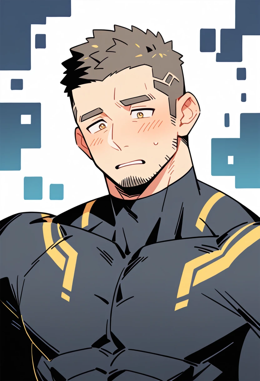 anime characters：Gyee Priapus, Muscle Sports Student, Buzz Cut, Manliness, male focus, Compression bodysuit, Yellow  black high collar long sleeve tight diving suit, Very tight, Regular symmetrical pattern, full and perky chest muscles, muscular male, muscular, only, Upper body, alone, Red short hair, Thick eyebrows, stubble, Brown-red pupils, White background, simple background, amazing quality, best aesthetics, Ridiculous, crew cut, parted lips, flustered, endured face, shy, blush, negative space, negative space, best quality