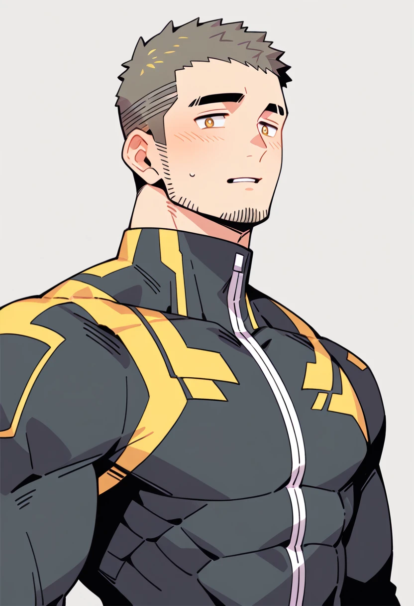 anime characters：Gyee Priapus, Muscle Sports Student, Buzz Cut, Manliness, male focus, Compression bodysuit, Yellow  black high collar long sleeve tight diving suit, Very tight, Regular symmetrical pattern, full and perky chest muscles, muscular male, muscular, only, Upper body, alone, Red short hair, Thick eyebrows, stubble, Brown-red pupils, White background, simple background, amazing quality, best aesthetics, Ridiculous, crew cut, parted lips, flustered, endured face, shy, blush, negative space, negative space, best quality