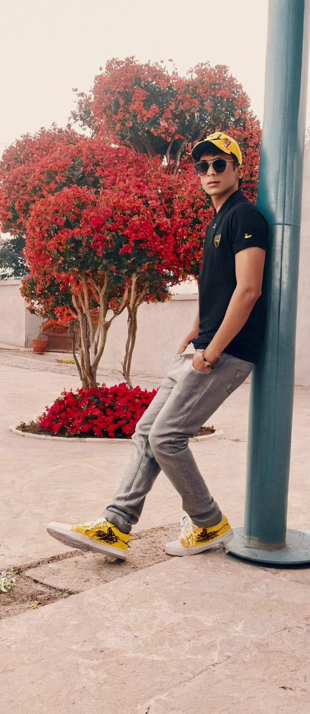 create a 3D illusion for a profile picture where a 25 year old boy attitude BOY in a yellow dress and sunglasses sitting casually on a wingback yellow Lamborghini, wearing sneakers, with yellow
sunglasses he looks ahead the background features ” MAZIN KHAN” in big and capital Light yellow neon font on the dark grey wall, there should not be his shodow, and there are wings to make it appear as if be is an angel
