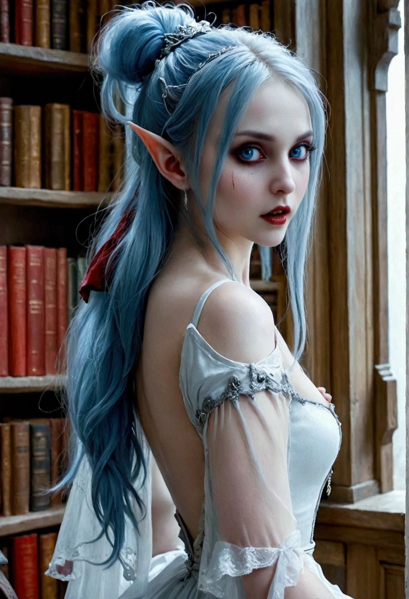 arafed a picture of elf vampire in her castle. an exquisite beautiful female elf vampire (ultra details, Masterpiece, best quality), bloody mouth, blue hair, pale skin, hair in a ponytail, long hair, blue eyes, small pointed ears, cold eyes, smirking, wearing white dress (ultra details, Masterpiece, best quality), red cloak, in dark fantasy library, book shelves, arafed high details, best quality, 16k, [ultra detailed], masterpiece, best quality, (ultra detailed), full body, ultra wide shot, photorealism, RAW, dark fantasy art, gothic art, ArmoredDress, Dark Novel, Dark Art Painting Style, dripping blood, goth person