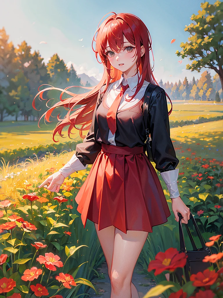 A woman in a red tie is standing in a field, soft Portrait Shot 8k, Young Asian Woman, Photographed with Canon EOS R5, Shot with Canon EOS R 5, Shot with Canon EOS 5D Mark IV, Portrait Shot 8k, Shot with a Canon 5D MK4, Shot on Sony Alpha 9, Portrait of a Japan teenager