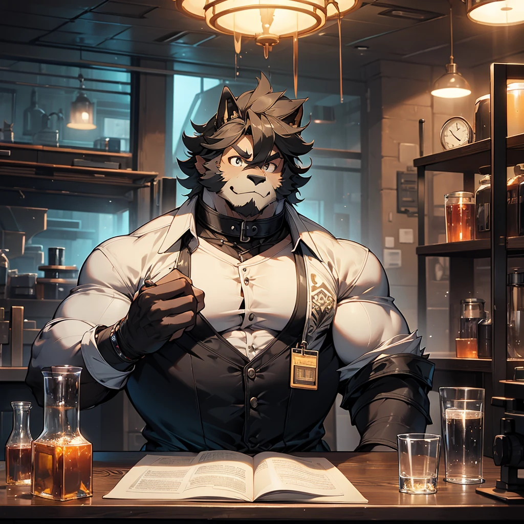 A big tall handsome puro from changed, muscular body, gaslighting muscless, big pecs, sitting on a lab table, looking at viewers