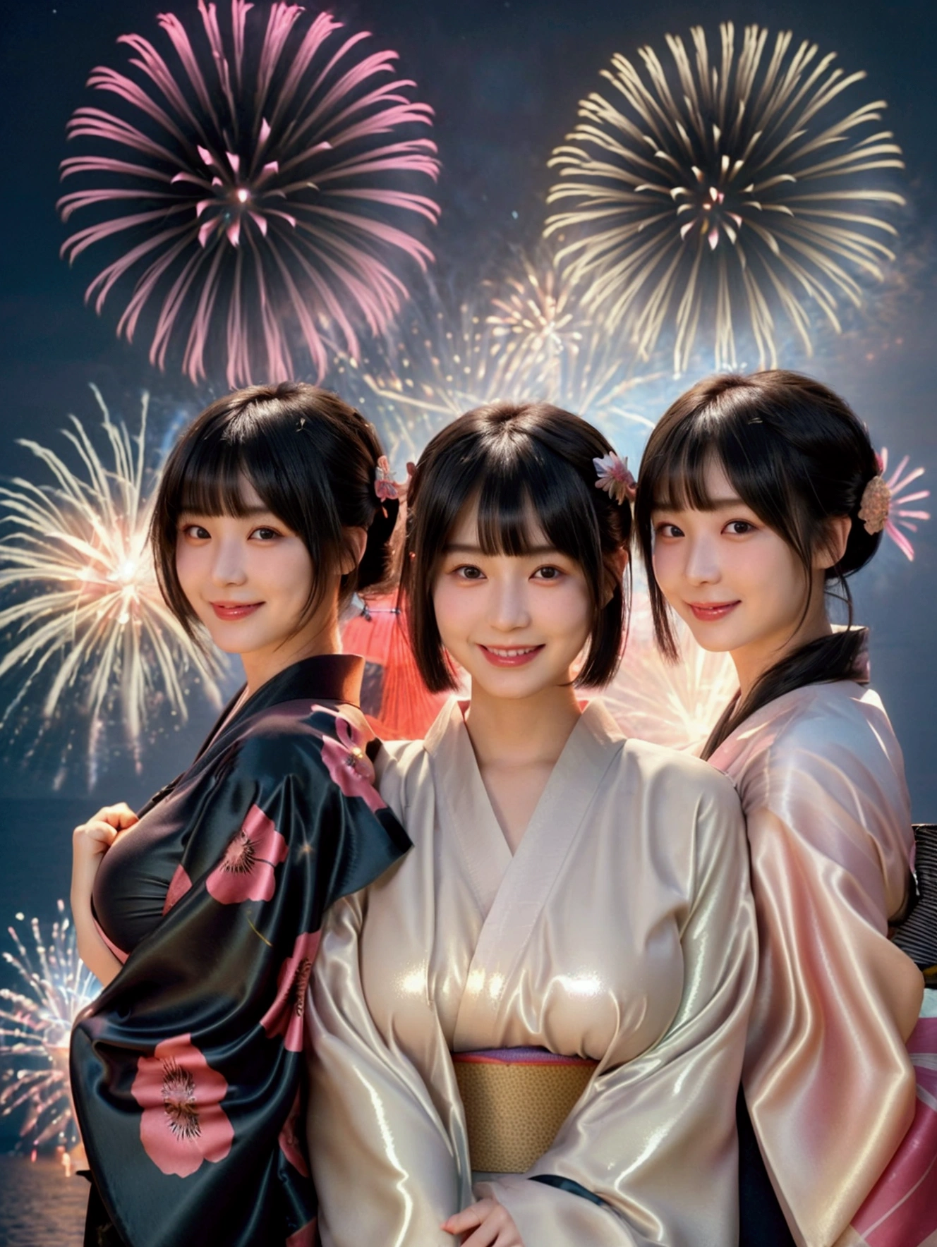(masterpiece, realistic, photo-realistic:1.2), finely detail, ultra high res, perfect anatomy, best quality, 8K, soft focus, (happy smile:1.2), (3girls, harem, 16yo Japanese short girls, kimono:1.2), portrait, upper body shot, (black straight hair, short hair, blunt bangs:1.2), beautiful detailed face and big eyes, (glowing fair skin, shiny oiled body:1.2), (pointed huge breasts, gigantic breasts:1.2), (bloom, awesome detailed fireworks, night view, sea side:1.2),