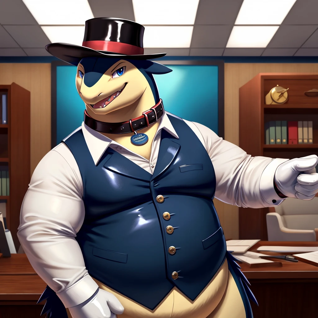 Solo, Male, fat, extremely obese, gentleman, dapper Professor Typhlosion, mob boss, blue eyes, (posing:1.3), (soft shading), 4k, hi res, ((detailed face, detailed)), looking at viewer, mouth wide open, dapper clothing, collared shirt with buttons, bowler hat, male focus, Explorer Outfit, glasses, monocle, vest with buttons, sleeves rolled up, round eyewear, brown headwear, brown vest, office, Typhlosion is wearing a glossy leather dog collar around the neck, Typhlosion is wearing the leather collar and shirt and vest at the same time, Typhlosion is wearing glossy white rubber gloves on the hands, wearing white rubber gloves on the feet, gloves are rubber in texture, clenching teeth, clenching fists, leather collar is glossy and shiny with a lot of detail, Typhlosion is wearing gloves and leather collar at the same time, leather collar has a round dog-tag, leather collar is thick and detailed, leather collar is glossy and shiny, fancy clothing, dapper vest, dapper shirt, leather collar is thick, glossy leather collar.