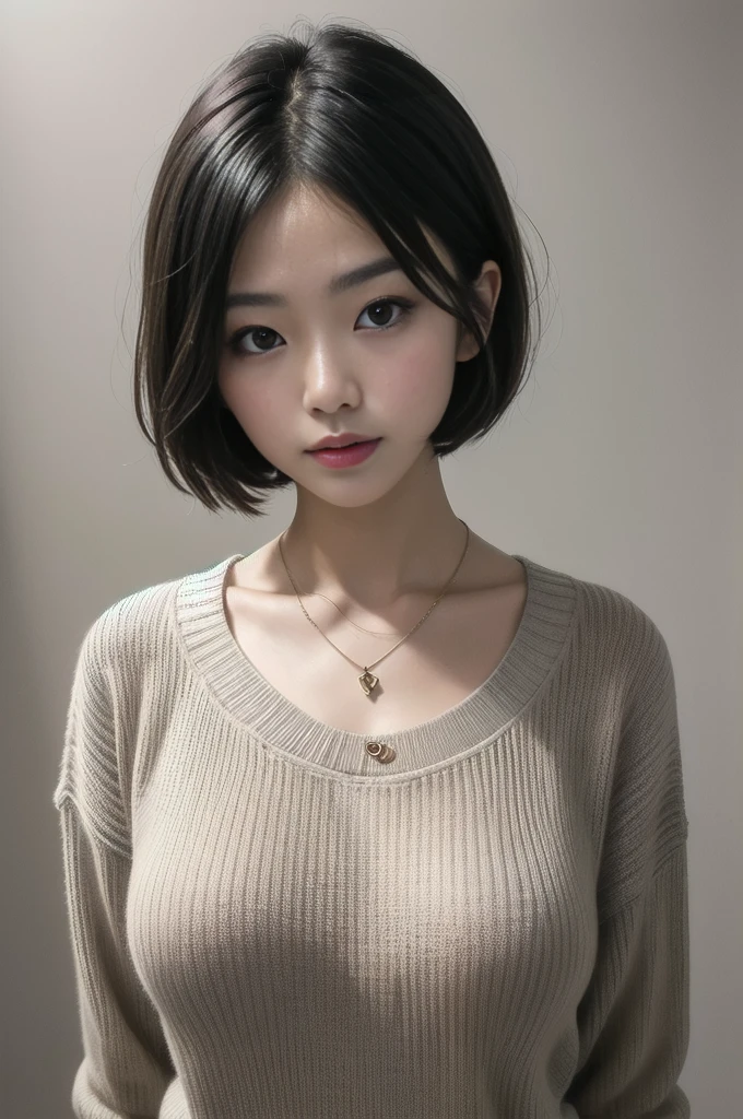 (Highest quality,8k,32K,masterpiece:1.2),Photo of a beautiful Japanese woman with large breasts and very short bob hair, Focus on the upper body and face, Wearing a large sweater and necklace, Simple Background, Shot from above.