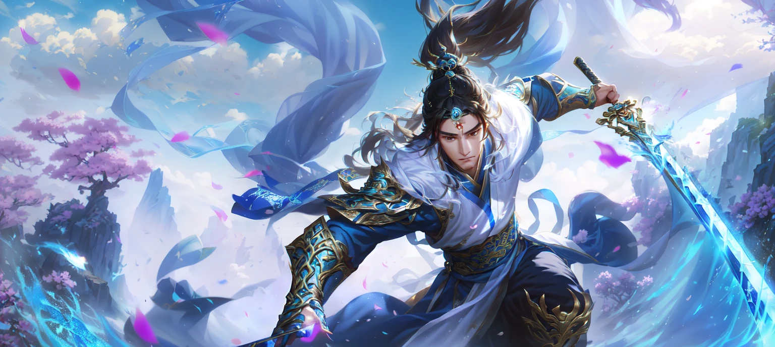 Alafd image,A person wearing blue clothing、man holding sword, heise jinyao, zhao yun, xianxia hero, Inspired by Huang Shen, author:Yang J, G Liulian art style, Inspired by Li Kan, inspired by Guan Daosheng, Inspired by Shen Zhou, Yang Qi, Ruan Jia and Artgerm