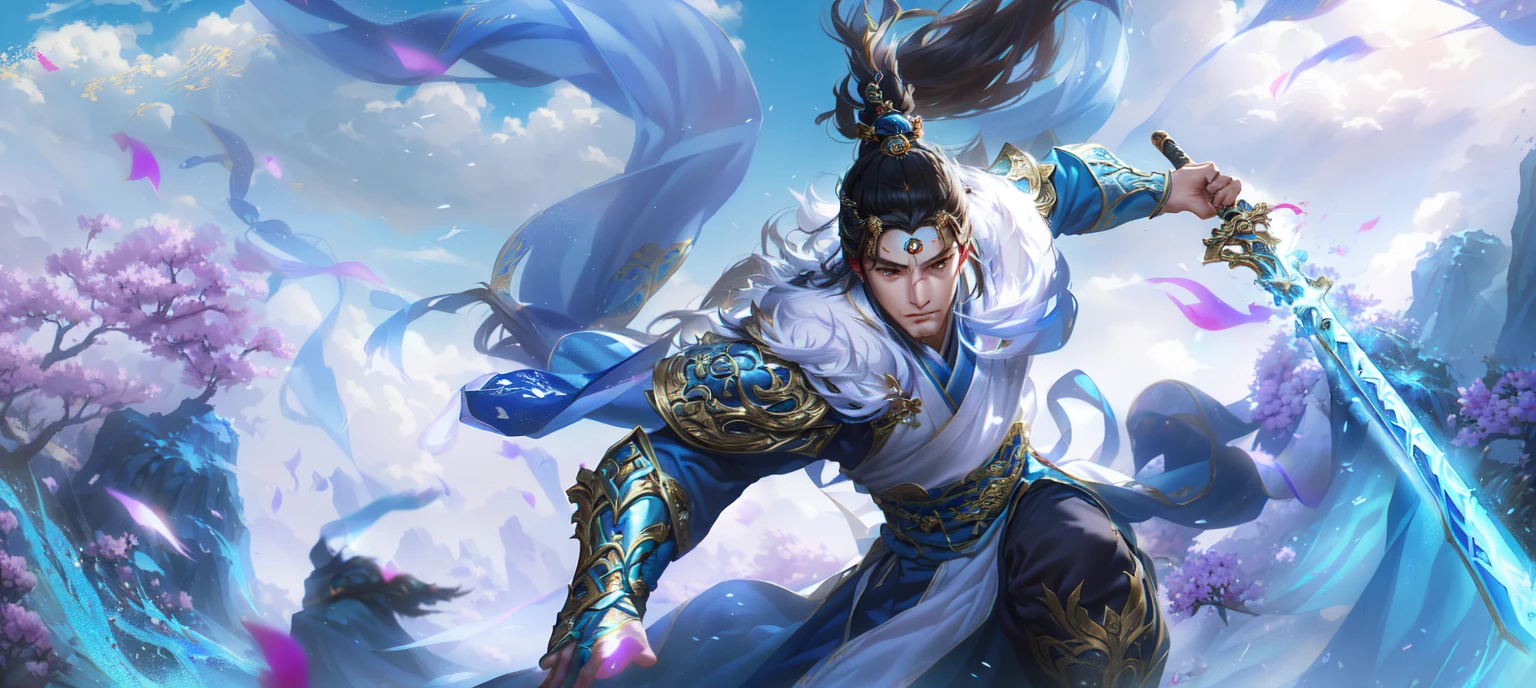 Alafd image，A person wearing blue clothing、man holding sword, heise jinyao, zhao yun, xianxia hero, Inspired by Huang Shen, author：Yang J, G Liulian art style, Inspired by Li Kan, inspired by Guan Daosheng, Inspired by Shen Zhou, Yang Qi, Ruan Jia and Artgerm