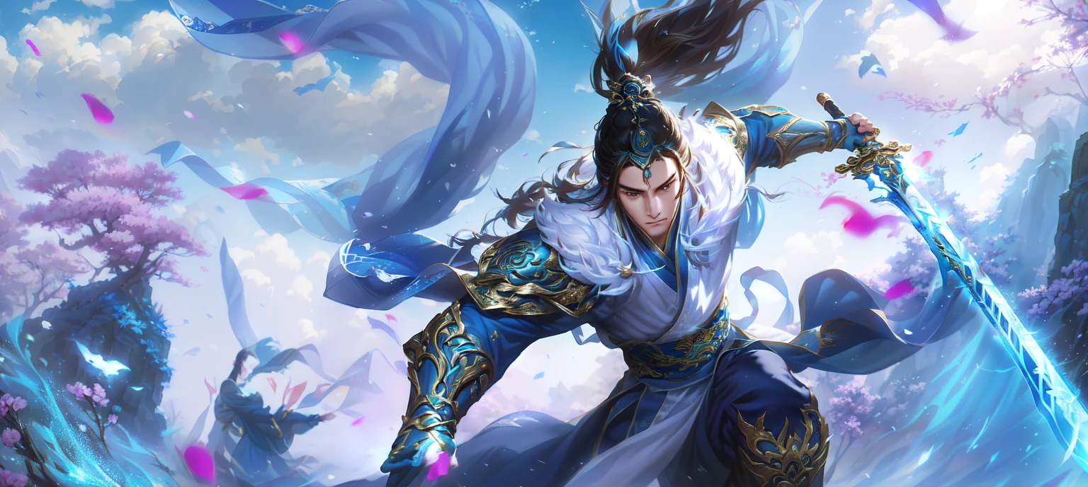 Alafd image,A person wearing blue clothing、man holding sword, heise jinyao, zhao yun, xianxia hero, Inspired by Huang Shen, author:Yang J, G Liulian art style, Inspired by Li Kan, inspired by Guan Daosheng, Inspired by Shen Zhou, Yang Qi, Ruan Jia and Artgerm