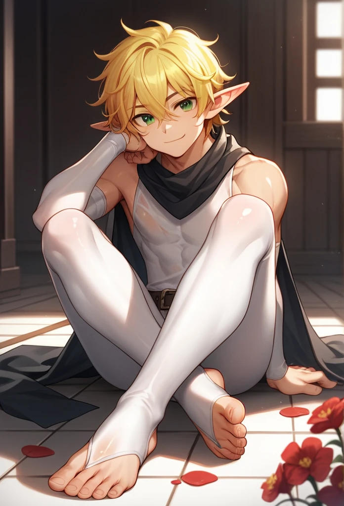 score_9, score_8_up, score_7_up, score_6_up, score_5_up, score_4_up, source_anime, BREAK, 1boy, toeless legwear, solo, sitting, crossed legs, looking at viewer, bare shoulders, indoors, leggings, stirrup legwear, sleeveless, head rest, elf, pointy ears, medium hair, fluffy hair, wavy hair, hair between eyes, big eyes, green eyes, cute face, manly body, cat eyes, collarbone, black scarf, long black scarf, yellow hair, smirk, smug face, shiny feet, shiny skin, shiny hair, sunny, dramatic lighting, official artwork, wet skin, wet hair, sunny day, red flowers on floor, sexy, layered clothes, bare shoulder, long sleeve, belt, black cloak,