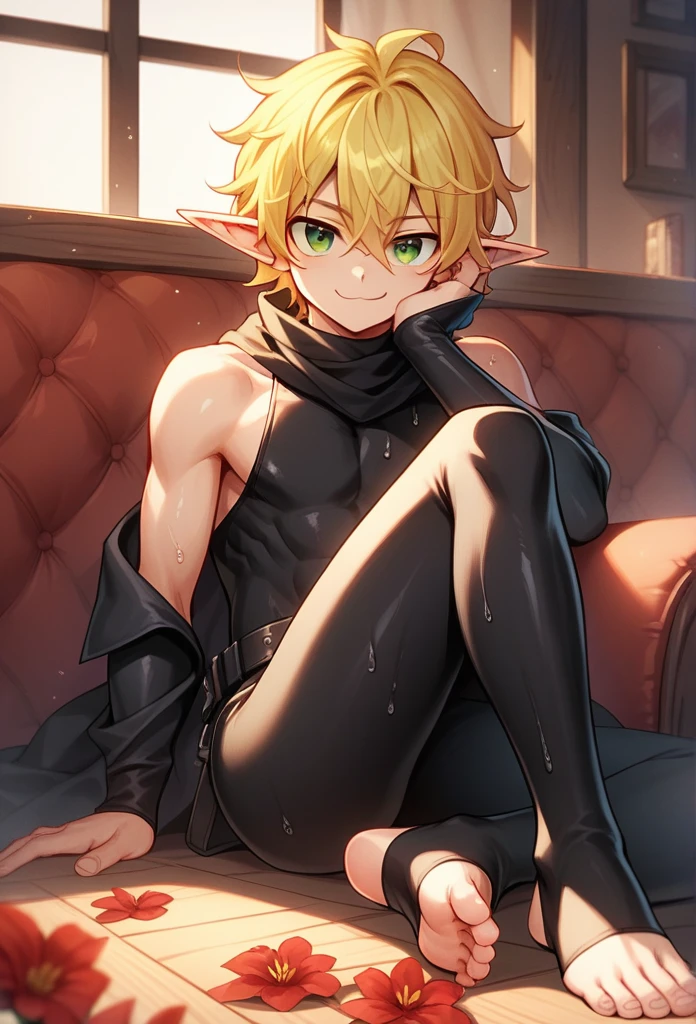 score_9, score_8_up, score_7_up, score_6_up, score_5_up, score_4_up, source_anime, BREAK, 1boy, toeless legwear, solo, sitting, crossed legs, looking at viewer, bare shoulders, indoors, leggings, stirrup legwear, sleeveless, head rest, elf, pointy ears, medium hair, fluffy hair, wavy hair, hair between eyes, big eyes, green eyes, cute face, manly body, cat eyes, collarbone, black scarf, long black scarf, yellow hair, smirk, smug face, shiny feet, shiny skin, shiny hair, sunny, dramatic lighting, official artwork, wet skin, wet hair, sunny day, red flowers on floor, sexy, layered clothes, bare shoulder, long sleeve, belt, black cloak,