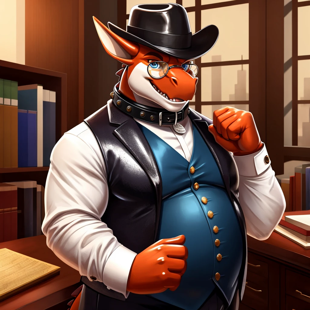 Solo, Male, fat, extremely obese, gentleman, dapper Professor Dragon, mob boss, blue eyes, (posing:1.3), (soft shading), 4k, hi res, ((detailed face, detailed)), looking at viewer, mouth wide open, dapper clothing, collared shirt with buttons, bowler hat, male focus, Explorer Outfit, glasses, monocle, vest with buttons, sleeves rolled up, round eyewear, brown headwear, brown vest, office, Dragon is wearing a glossy leather dog collar around the neck, Dragon is wearing the leather collar and shirt and vest at the same time, Dragon is wearing glossy white rubber gloves on the hands, wearing white rubber gloves on the feet, gloves are rubber in texture, clenching teeth, clenching fists, leather collar is glossy and shiny with a lot of detail, Dragon is wearing gloves and leather collar at the same time, leather collar has a round dog-tag, leather collar is thick and detailed, leather collar is glossy and shiny, fancy clothing, dapper vest, dapper shirt, leather collar is thick, glossy leather collar.