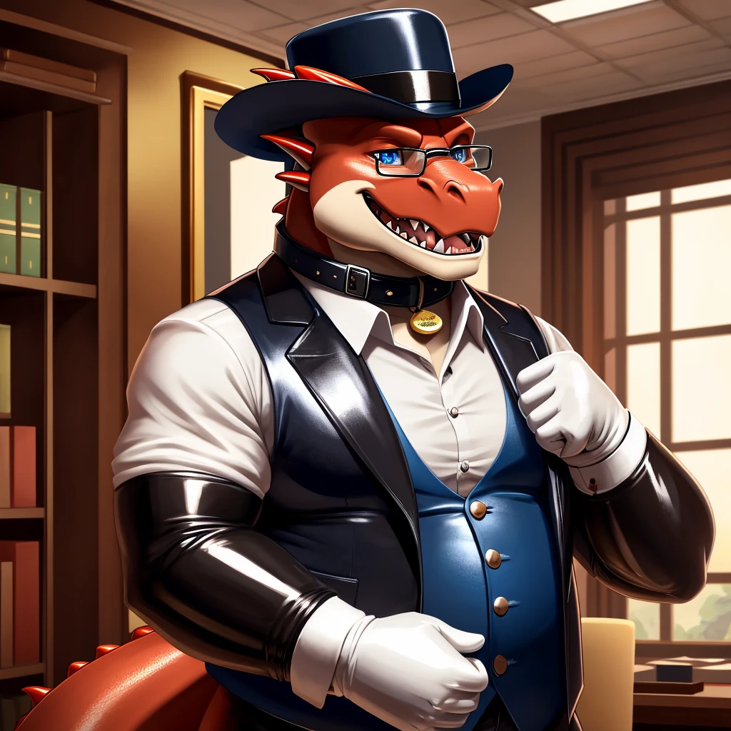 Solo, Male, fat, extremely obese, gentleman, dapper Professor Dragon, mob boss, blue eyes, (posing:1.3), (soft shading), 4k, hi res, ((detailed face, detailed)), looking at viewer, mouth wide open, dapper clothing, collared shirt with buttons, bowler hat, male focus, Explorer Outfit, glasses, monocle, vest with buttons, sleeves rolled up, round eyewear, brown headwear, brown vest, office, Dragon is wearing a glossy leather dog collar around the neck, Dragon is wearing the leather collar and shirt and vest at the same time, Dragon is wearing glossy white rubber gloves on the hands, wearing white rubber gloves on the feet, gloves are rubber in texture, clenching teeth, clenching fists, leather collar is glossy and shiny with a lot of detail, Dragon is wearing gloves and leather collar at the same time, leather collar has a round dog-tag, leather collar is thick and detailed, leather collar is glossy and shiny, fancy clothing, dapper vest, dapper shirt, leather collar is thick, glossy leather collar.