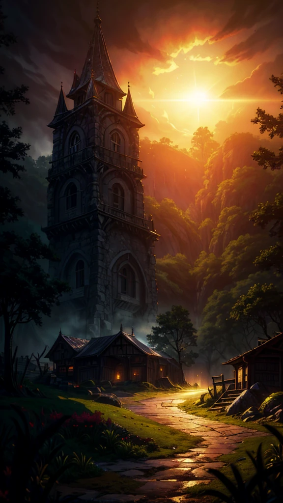 realistic dark oil painting of a medieval village at sunrise, moss, mist, misty, Eyeshadow, misterious, myth, dark, Light shining through the forest, surrounding, Depth of Field, Volumetric Lighting, light, Moody, heavy darkness, Black sky, low angle perspective, Courtesy of Evander Earle,Fairy tale world