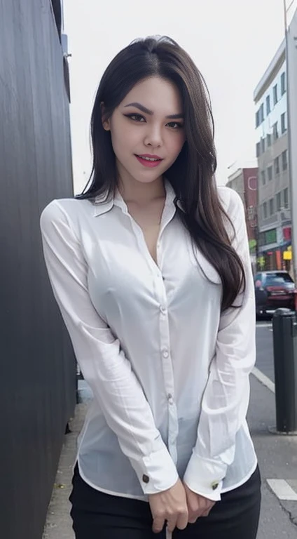 (best quality, masterpiece:1.2), white background, realistic, crew neck, closed-neckline, pants, (business jacket:1.2), (brown hair:1.2), big eyes, beautiful woman, smile, eyelashes, highly detailed face, fierce look, angry look, (long sleeved shirt: 1.2), looks like a naughty celebrity but is a good girl, virgin girl, inexperienced virgin girl, full body, (slanted angry eyebrows: 1.6), (discrete sex appeal: 1.2), (big kind smile: 1.2), (open mouth smile: 1.2), (happy: 1.2), (kind face: 1.2), (genuine smile: 1.2), (genuine smiling eyes: 1.2), (downtown city background: 1.2), extremely kind girl, self conscious about eyebrows, (eyebrows slant down: 1.4)
