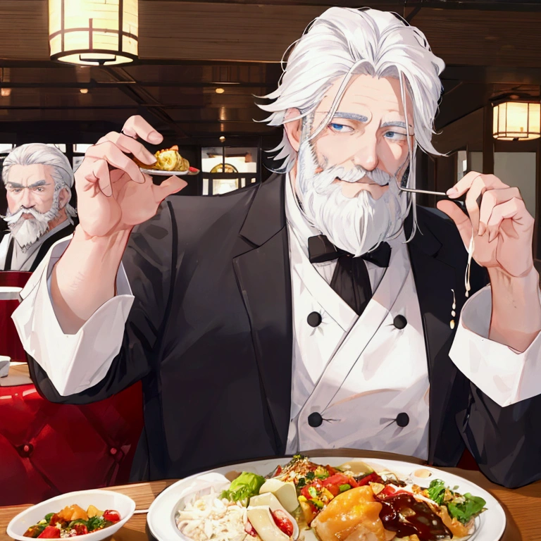 middle-aged white-haired man、Short white beard、Center Parting、Eat food at a restaurant、meal