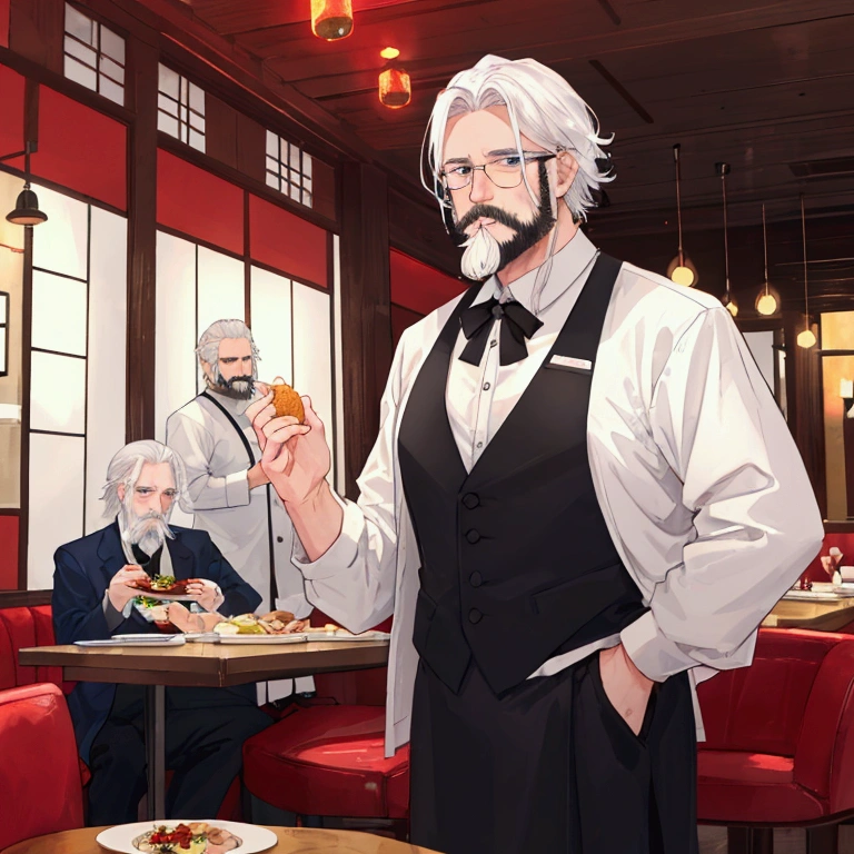 middle-aged white-haired man、Short white beard、Center Parting、Eat food at a restaurant、meal