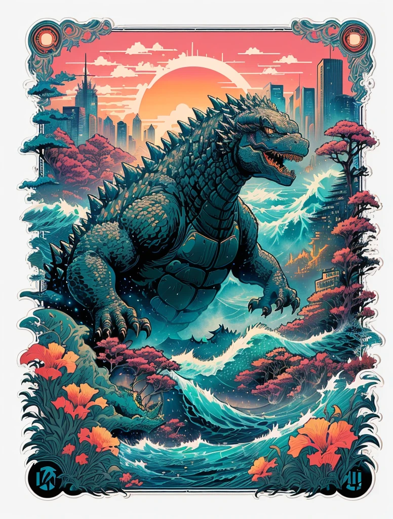 godzilla rising over the ocean with a city in the background, studio ghibli and dan mumford, in the style dan mumford artwork, inspired by Dan Mumford, ( ( ( ( ( dan mumford ) ) ) ) ), by Dan Mumford, in the art style of dan mumford, el bosco and dan mumford, dan mumford paint, fractal thunder dan mumford, godzilla portrait, kaiju