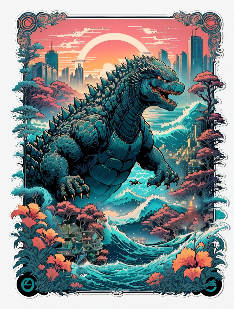 godzilla rising over the ocean with a city in the background, studio ghibli and dan mumford, in the style dan mumford artwork, inspired by Dan Mumford, ( ( ( ( ( dan mumford ) ) ) ) ), by Dan Mumford, in the art style of dan mumford, el bosco and dan mumford, dan mumford paint, fractal thunder dan mumford, godzilla portrait, kaiju