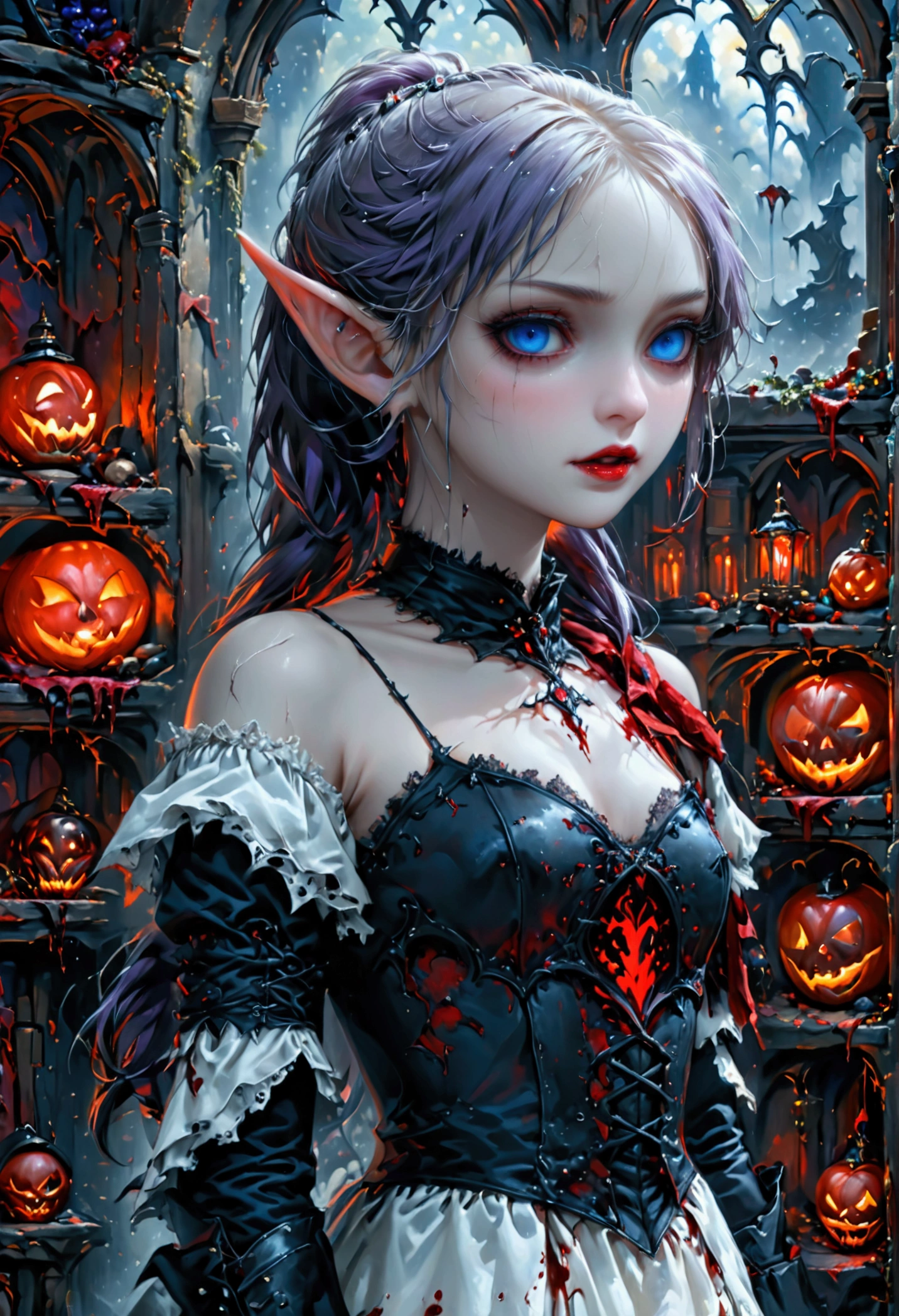 arafed a picture of elf vampire in her castle. an exquisite beautiful female elf vampire (ultra details, Masterpiece, best quality), bloody mouth, purple hair, pale skin, hair in a ponytail, long hair, blue eyes, small pointed ears, cold eyes, smirking, wearing white dress (ultra details, Masterpiece, best quality), red cloak, in dark fantasy library, book shelves, arafed high details, best quality, 16k, [ultra detailed], masterpiece, best quality, (ultra detailed), full body, ultra wide shot, photorealism, RAW, dark fantasy art, gothic art, ArmoredDress, Dark Novel, Dark Art Painting Style, dripping blood, goth person