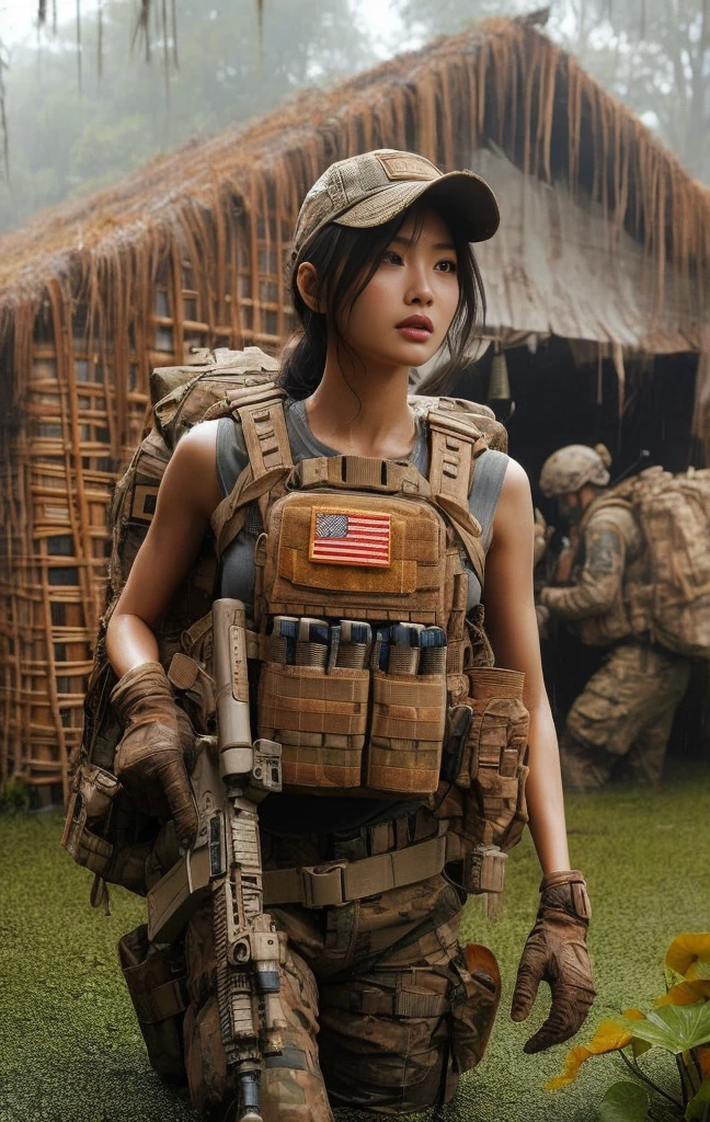 8k,Realistic Skin Texture、Superrealism、Realistic Photo、Japanese Women in the Indonesia Army、Bulletproof vest、、Navigate the swamp as a team、Confused expression、backpack、cap、Heavy equipment、Dynamic action pose、A groundbreaking composition、Sweaty