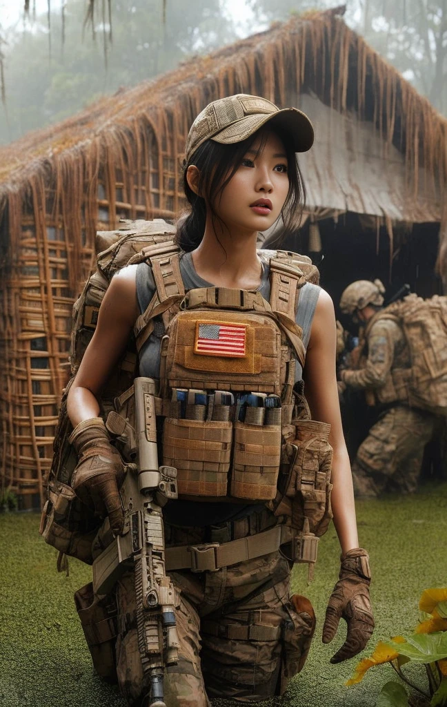 ８ｋ,Realistic Skin Texture、Superrealism、Realistic Photo、Japanese Women in the Indonesia Army、Bulletproof vest、、Navigate the swamp as a team、Confused expression、backpack、cap、Heavy equipment、Dynamic action pose、A groundbreaking composition、Sweaty